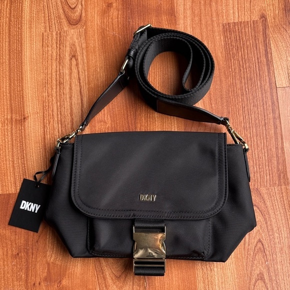 Dkny Handbags - NWT DKNY Black Yugo Crossbody Bag Donna Karan New York Designer Gold Buckle Chic